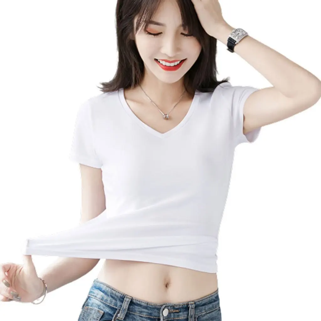 

Spring Pure Cotton Solid Color Women's T-shirt Short-Sleeved Slim-Fit V-Neck Tight-Fit Sexy Fashionable Top