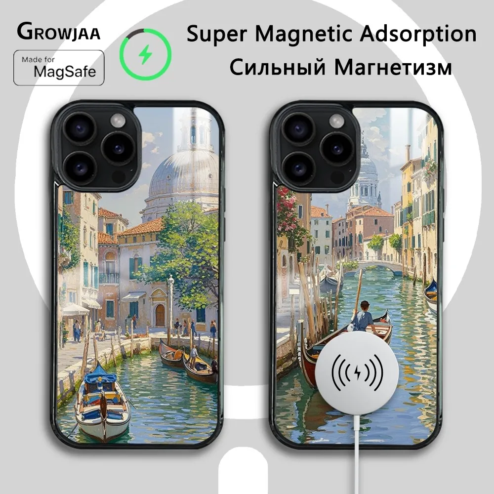 

Oil Painting Venice Town Phone Case For iPhone 16 15 14 13 12 11 Pro Max Plus Mini Magsafe Mirror Wireless Magnetic Cover