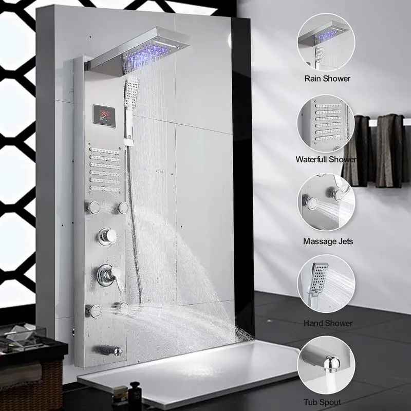 Shower Panel Smart Digital LED Shower System with 6 Body Jets Stainless Steel Shower Unit Bathroom Shower Wall Panels