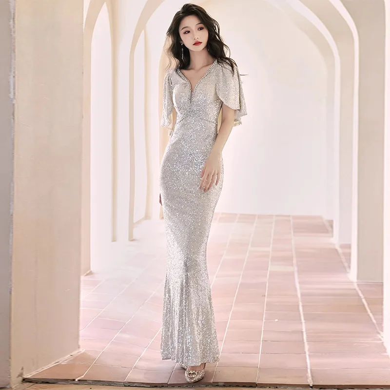 

Light Luxury Evening Gowns For Women Classic Vneck Sequined Fishtail Dress Slim Fit Half Sleeve Floor Length Dress