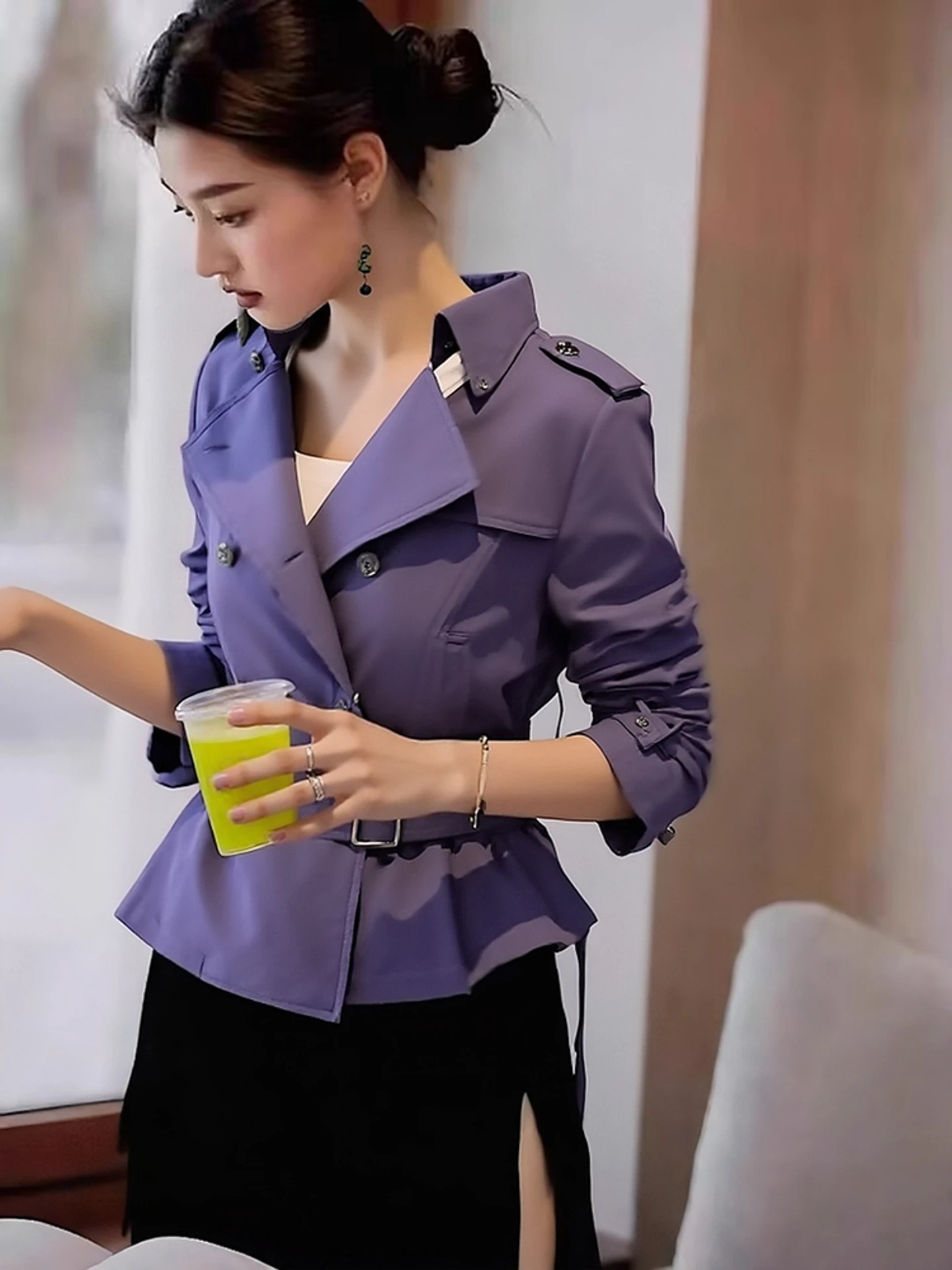 엘레 오르트 퍼플 더블 브레스티드 여성 재킷 봄 가을 출퇴근 디자인 경량 허리 조임 탑