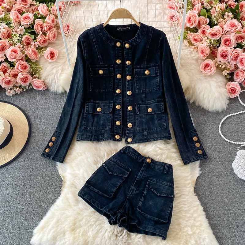 New arrival autumn fashion double breasted denim jacket+high waist denim shorts women two piece sets