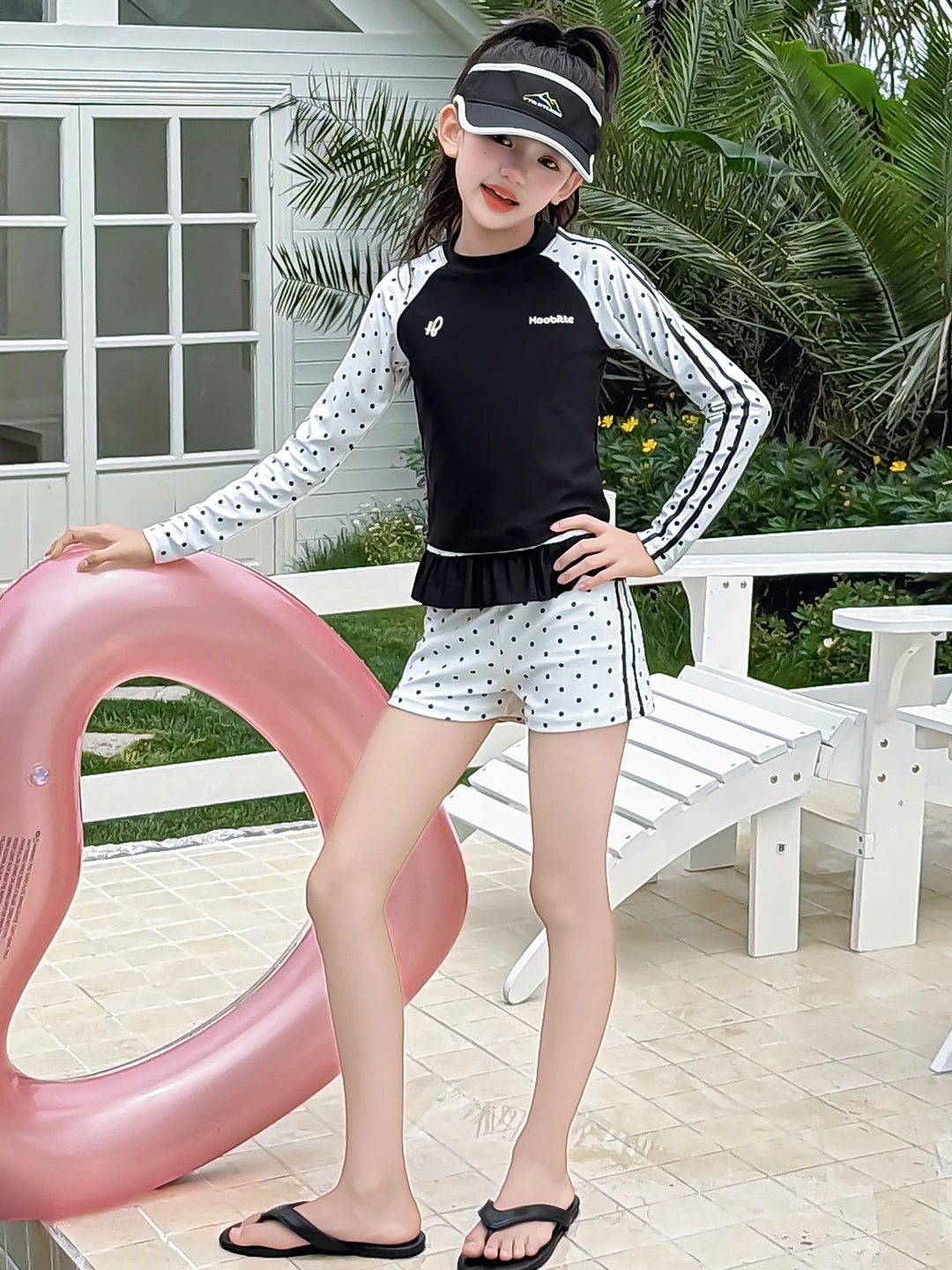 Girls Long Sleeve Swimwear Two Piece Splice Polka Dot Slimming Cover up Thermal Spring Set Summer Anti Chlorine round Neck