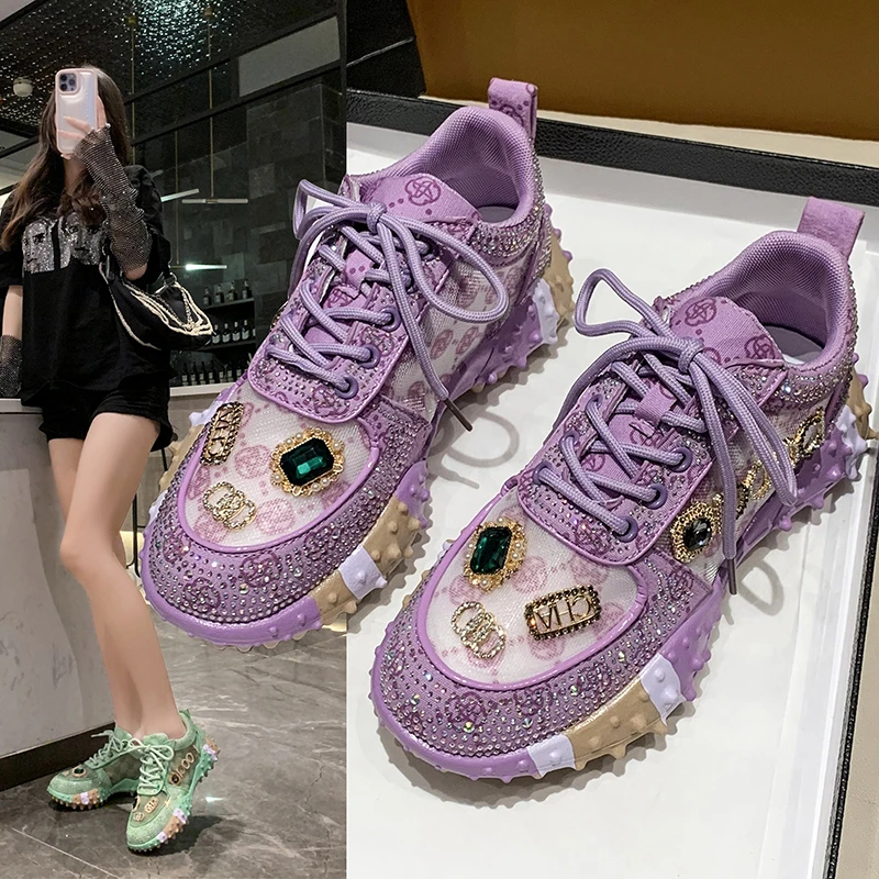 

Thick-soled Lace-up Rhinestone Color-blocked Fashionable, Versatile, Comfortable, Anti-slip and Breathable Sports Women's Shoes