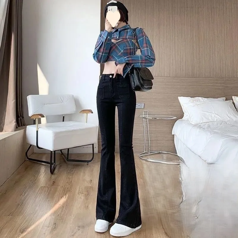 

Джинсы Bootcut, синие женские украшенные модными шикарными карманами в стиле минимализм 90-х, простая романтическая одежда, спортивная эстетичная атмосфера для средней школы