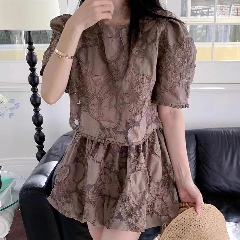 Neploe Fashion Suit Women Handmade Cut Flower Stitching Puff Sleeve Loose Shirt+Wide Leg Swing Shorts 2024 Conjuntos De Falda