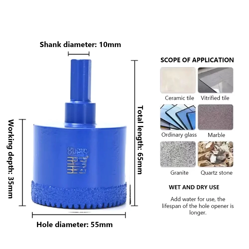 High Strength Diamond Core Drill Bits 55mm Depth Brazed Handheld Electric Drill Hole Saw for Ceramic Tile Installation