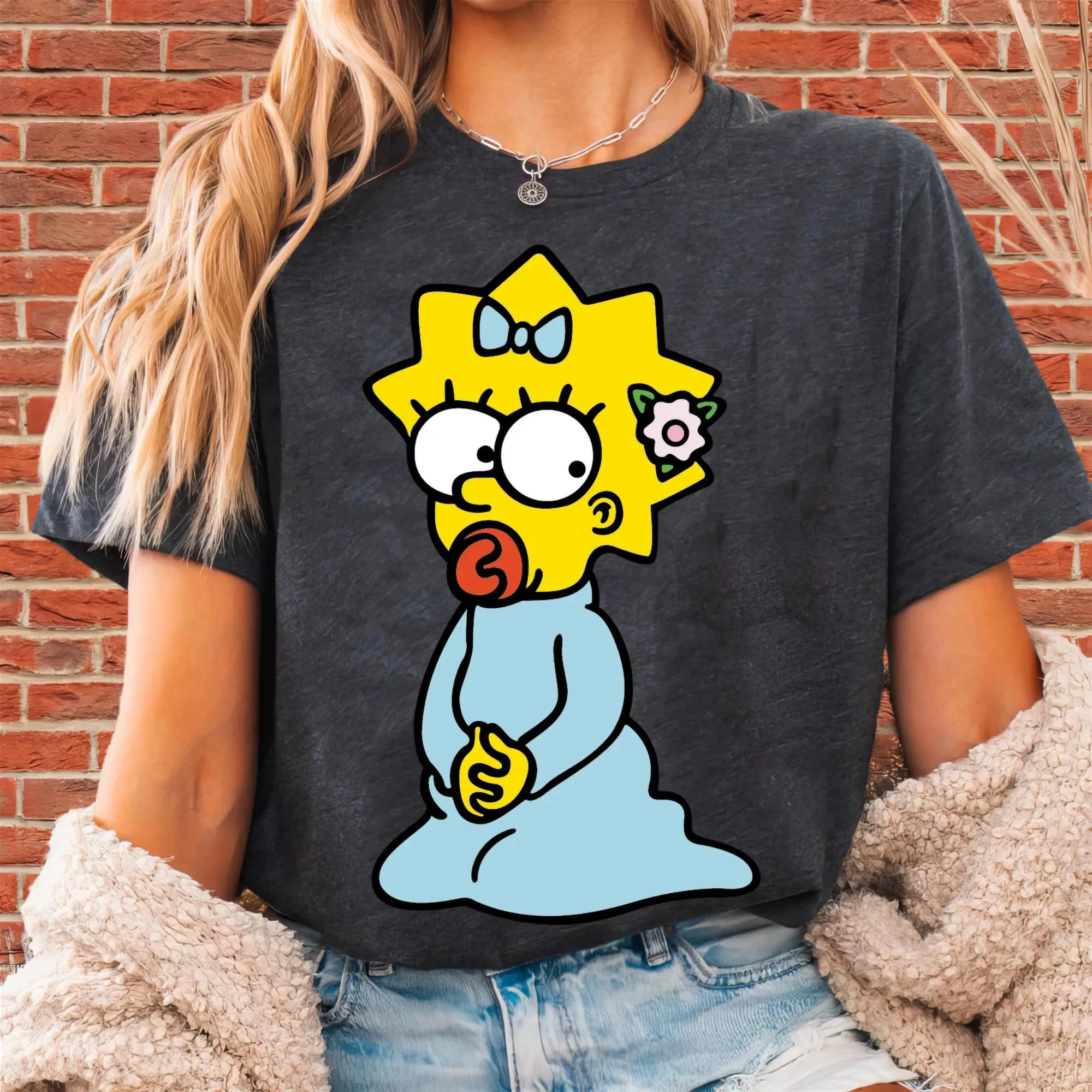 Camiseta de dibujos animados de The Simpsons Maggie Simpson para mujer, camiseta de algodón de manga corta, unisex, holgada, informal, elegante y casual