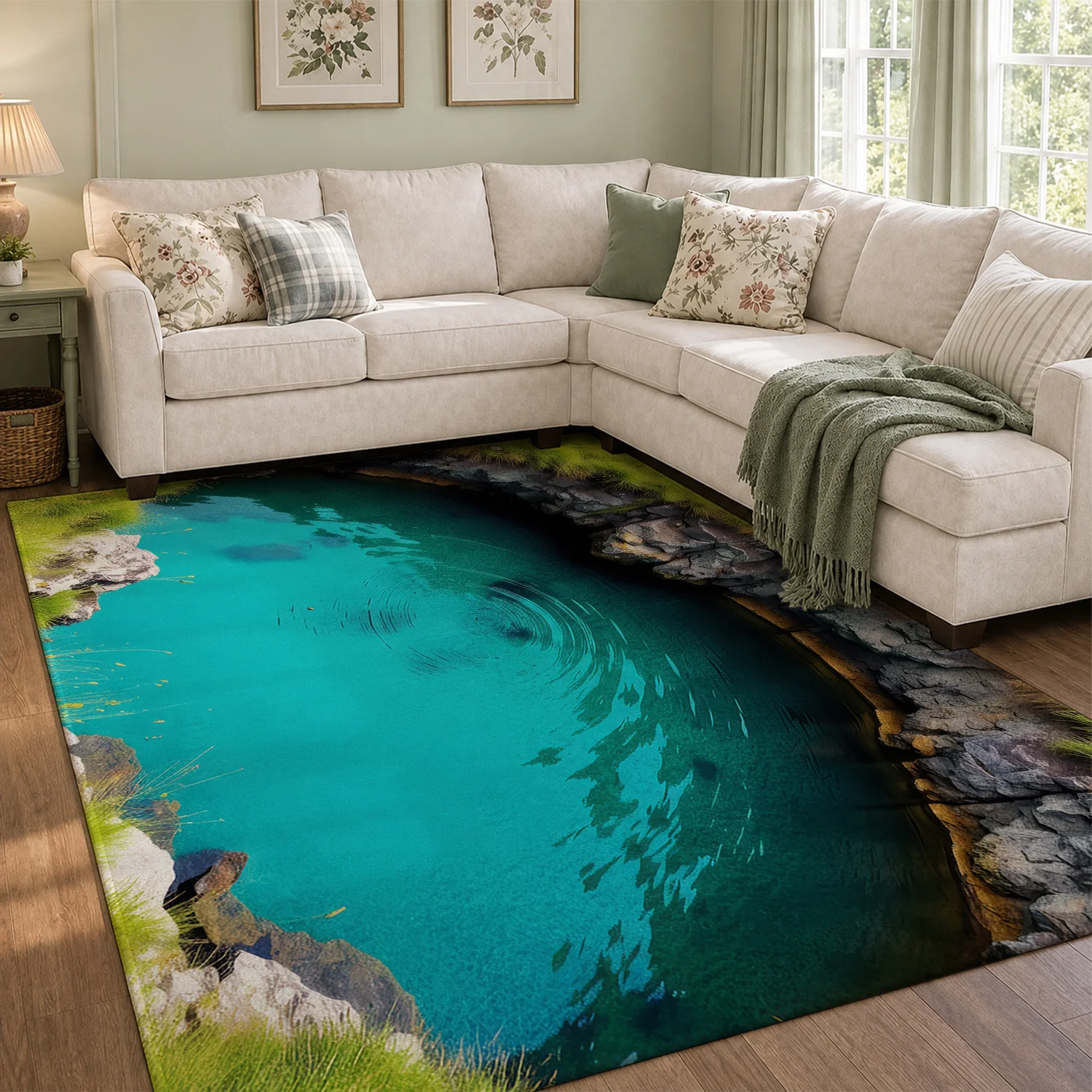 Large Indoor Area Rug, Soft Velvet Low Pile with Non-slip Dotted Backing, Machine Washable Turquoise Nature Stream Pattern for Living Room & Bedroom Home Decor