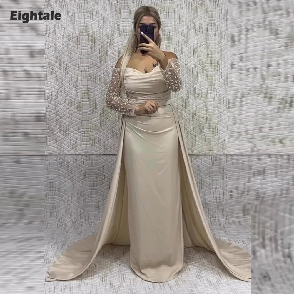 

Eightale Arabic Evening Dress Off the Shoulder Sequin Pearls Chamapgne Customized Satin Mermaid Prom Wedding Party Gowns