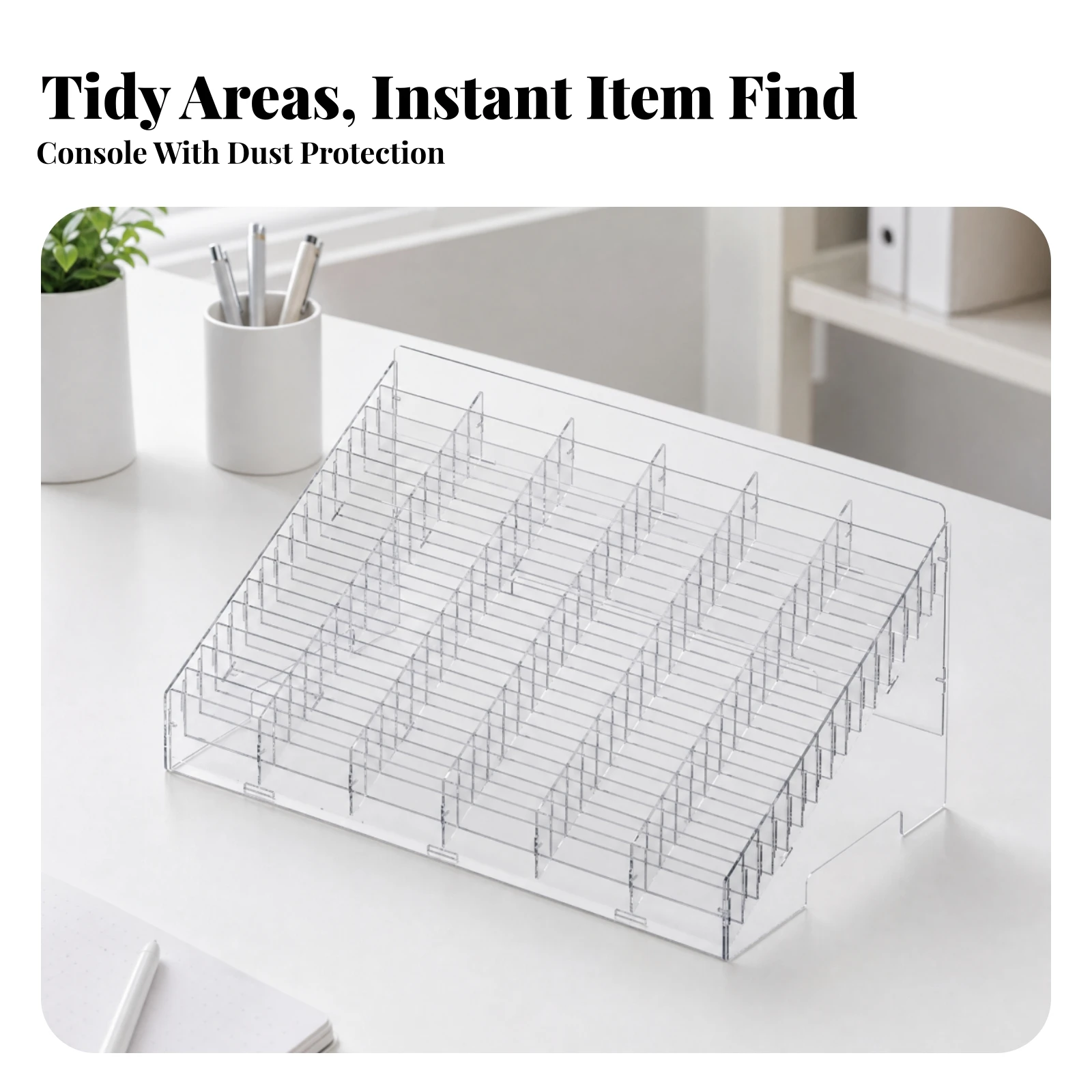 Transparent Desk Organizer with Dividers Compartmentalized Clear Desktop Storage Organizer Stackable Storage Box with Dividers