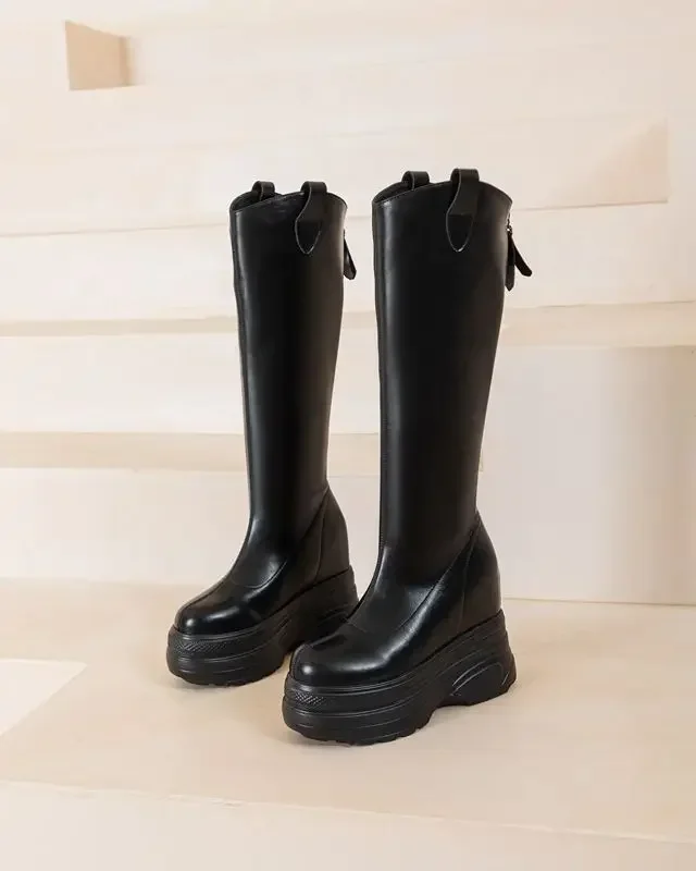 

11cm Microfiber Leather Platform Wedges Winter Autumn Shoes Plush Knee High Boots Woman Plush Modern Hidden Heel Fashion