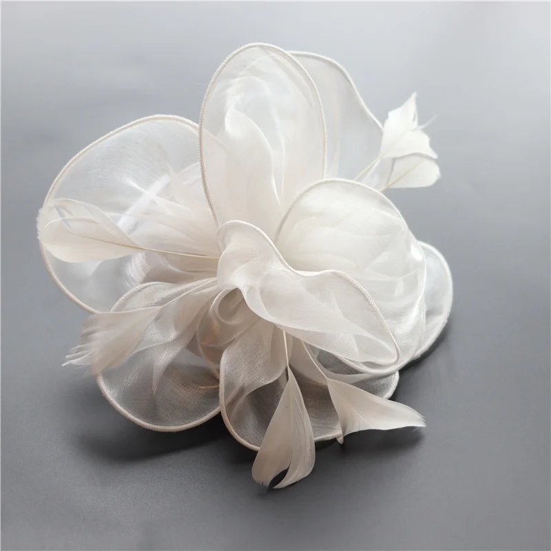 European Organdy Mesh Flower Fascinator Hairbands For Women Horse Race Church Wedding Multi-layer Gauze Feather Flower Hair Clip