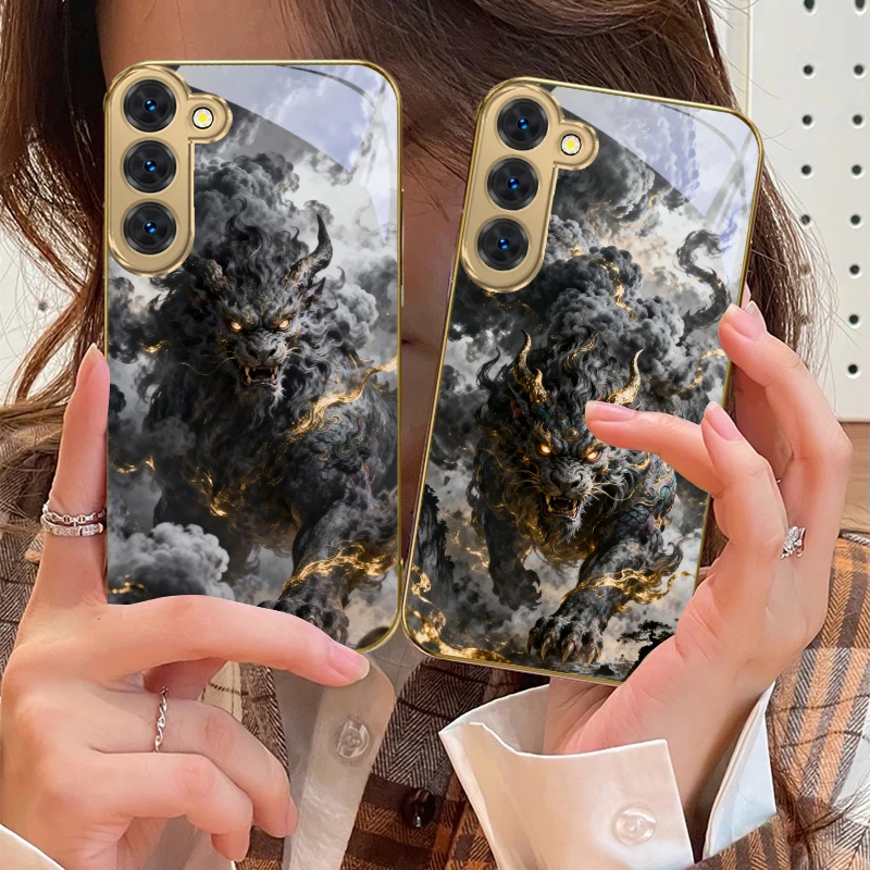 

Black Gold Beast cute For Samsung Galaxy S26 S20 FE S21 S22 23 Plus S24 Ultra 25Ultra S21+ S9 S22Plus Golden glass phone case