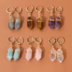 Natural Hexagonal Stone Earrings Rose Quartzs Amethysts Mineral Stone Earrings for Women Gold Color Metal Charm Earrings Jewelry