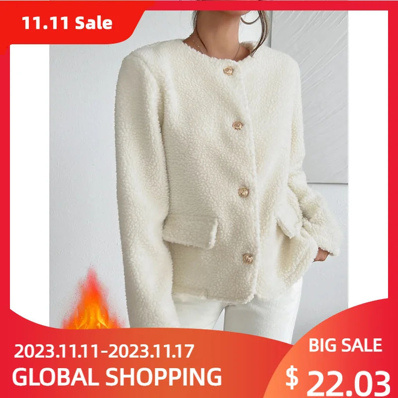 

Xiaoxiangfeng Round Neck Thick Woolen Women's Coat Autumn Winter Solid Single Breasted Pocket Woman Commuter Casual Clothes