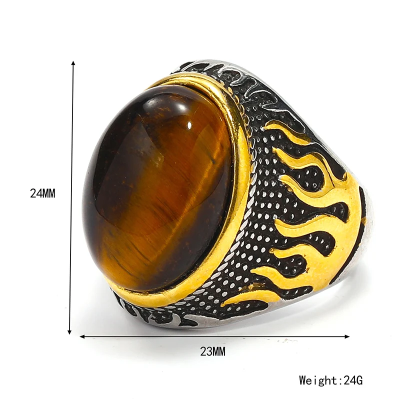 Punk Rock Flame Fire Pattern Stainless Steel Big Stone Finger Ring Man Signet Rings Retro Jewelry Gold Silver Color