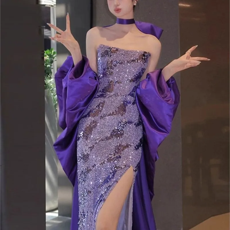 

Purple boobs temperament banquet toasting wear light luxury niche host fishtail dress