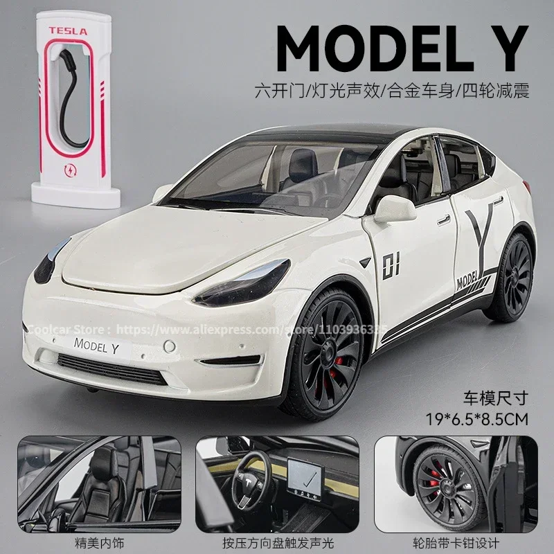 Tous 1:24 TESLA modèle Y modèle 3 avec pile de chargement alliage moulé sous pression en métal jouet modèle de voiture son et lumière enfants objets de collection cadeau