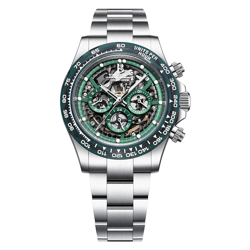 BONEST GATTI Luxury Men Mechanical Watch BG8019 Open Work Skeleton Chronograph Dial Green Silver Black Options Sport Wristwatch