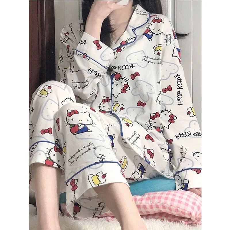 Hello Kitty Anime Kawaii Sanrio Ins Y2k Cotton Long Sleeve Pajamas Spring Cute KT Cat Print Home Shirt Pants Suit Gifts Toys