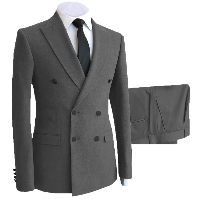 

Lansboter Men Suit 2 Pieces Gray Solid With Black Button Fit Business Banquet Wedding Groom Suit Jacket With Pants