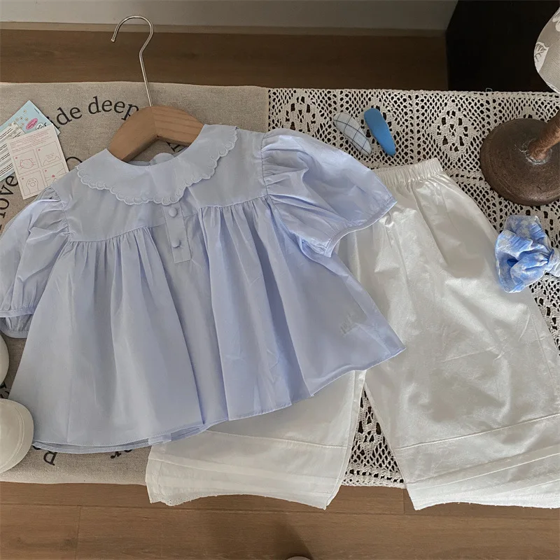 

Children's Clothing2024New Summer Girls' Doll Collar Shirt Children's Western Style All-Match Straight Pants Two-Piece Suit Fash