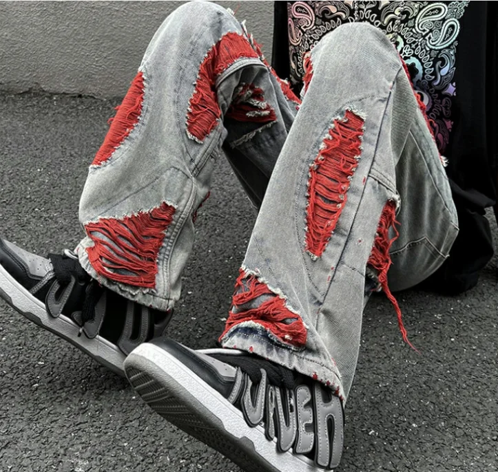 

Men's Pants Ripped Jeans Loose Straight-Leg Pants Street Fashion Retro Casual Pants