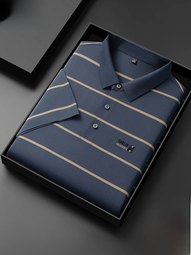 

Ice Silk ort Sve irt Men's Summer Thin Striped T-irt Busin Casual Dad Clothes Stand Fit Button down