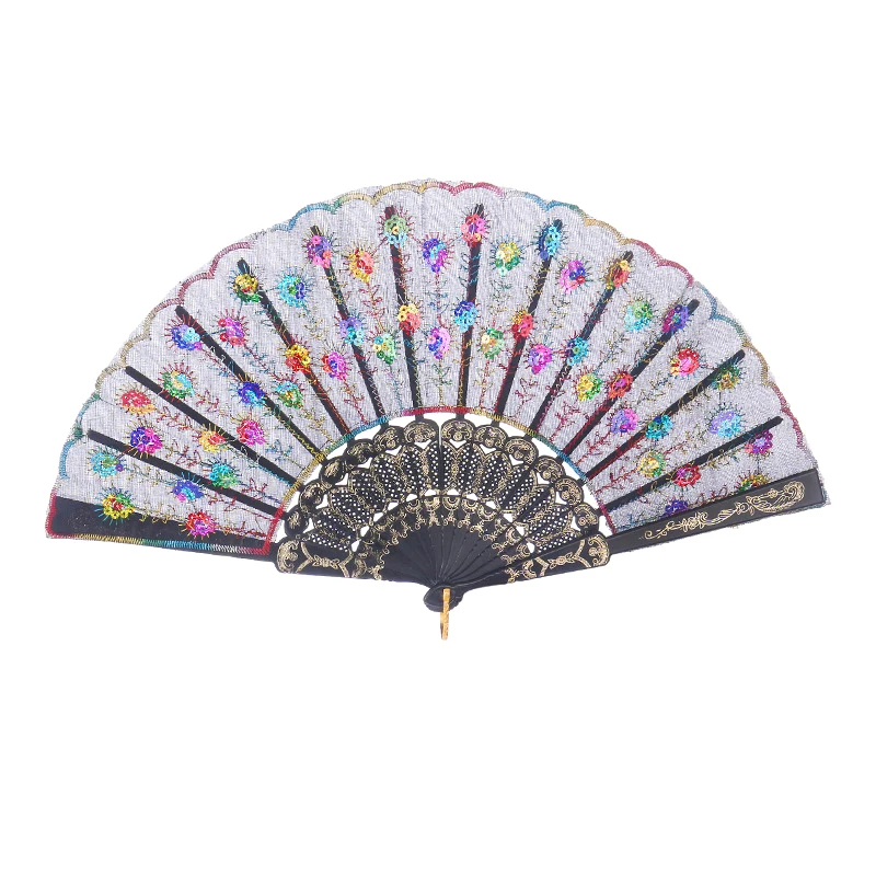 1Pc Chinese Stijl Plastic Opvouwbare Ventilator Met Pailletten Geborduurde Ambachtelijke Fan Dans Handheld Fan Voor Wit Huwelijksfeest