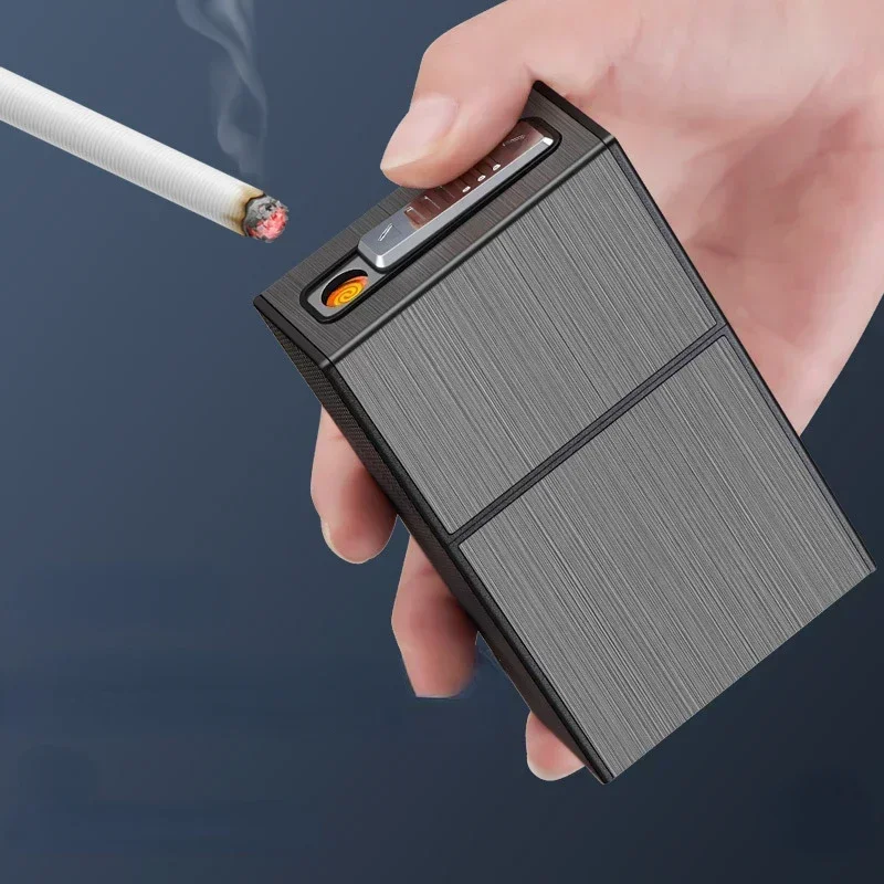 New Smoke Cigarette Case 20pcs Cigarettes Cases Holder With USB Rechargeable Lighter Metal Cigarette Case Lighters Gift For Men