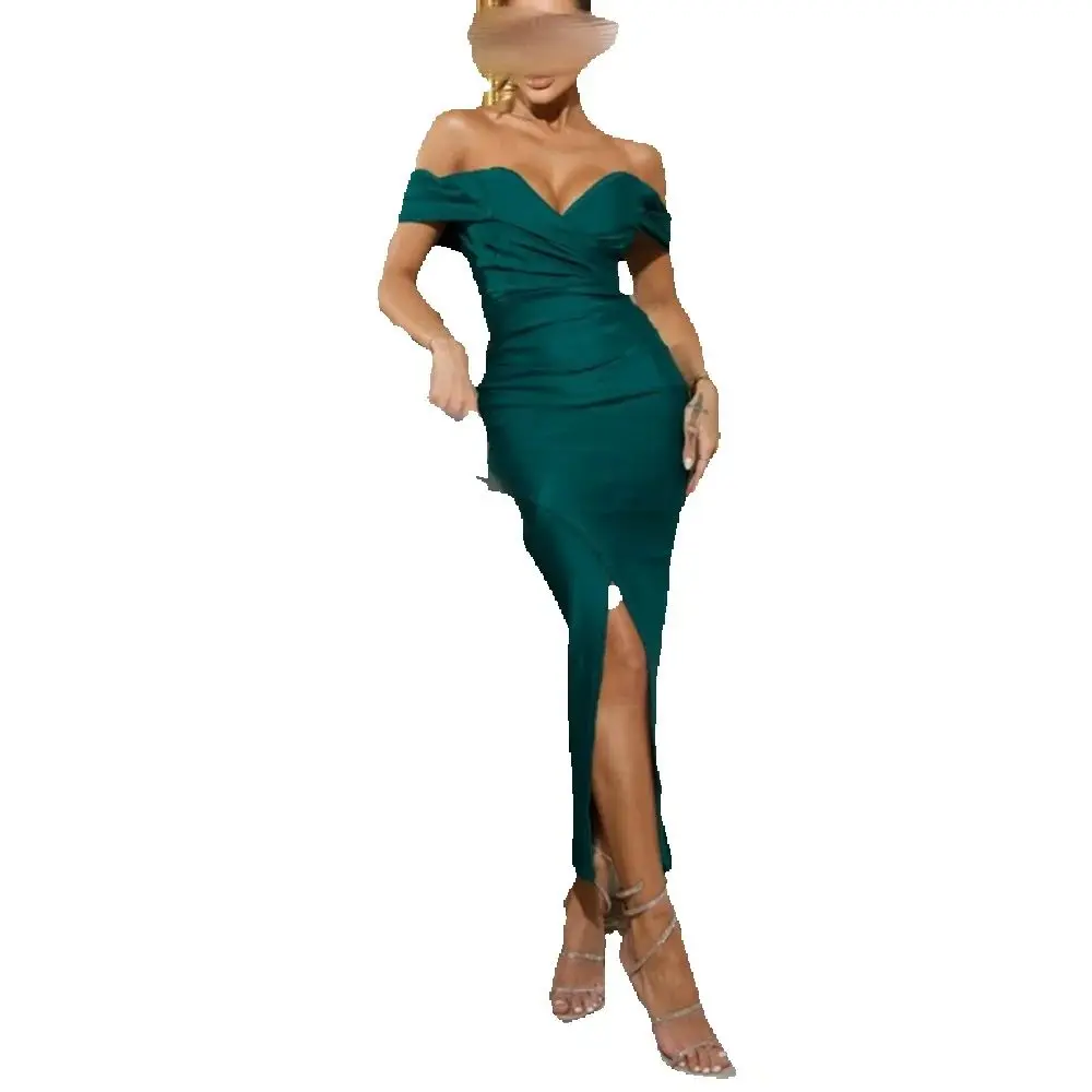 

Customized V-Neck Prom Gown Pleat Off The Shoulder Side Slit Backless Ankle-Length Midi Evening Dresses Simple Long Party Dress