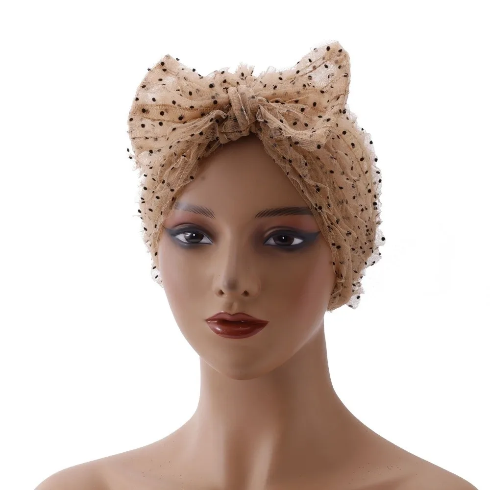 Breathable Polka Dot Mesh Bonnet Wrinkle Lace Retro Style Wrinkle Lace Turban Folded Design Chic Design Headscarf Hat for Women