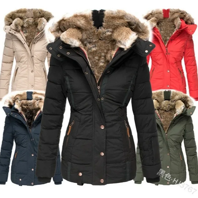 

Women Winter Casual Long Sleeve Slim Zipper Button Cardigan Design Hooded Warm Fur CollarJacket Fashion Solid Color Woman Coats