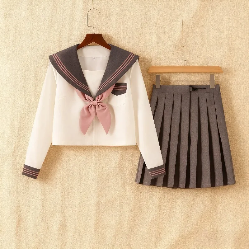 선원 교복 세트 자수 JK 네이비 블루 리본 플리츠 스커트 긴팔 셔츠 넥타이 롤플레잉 고등학교 의상