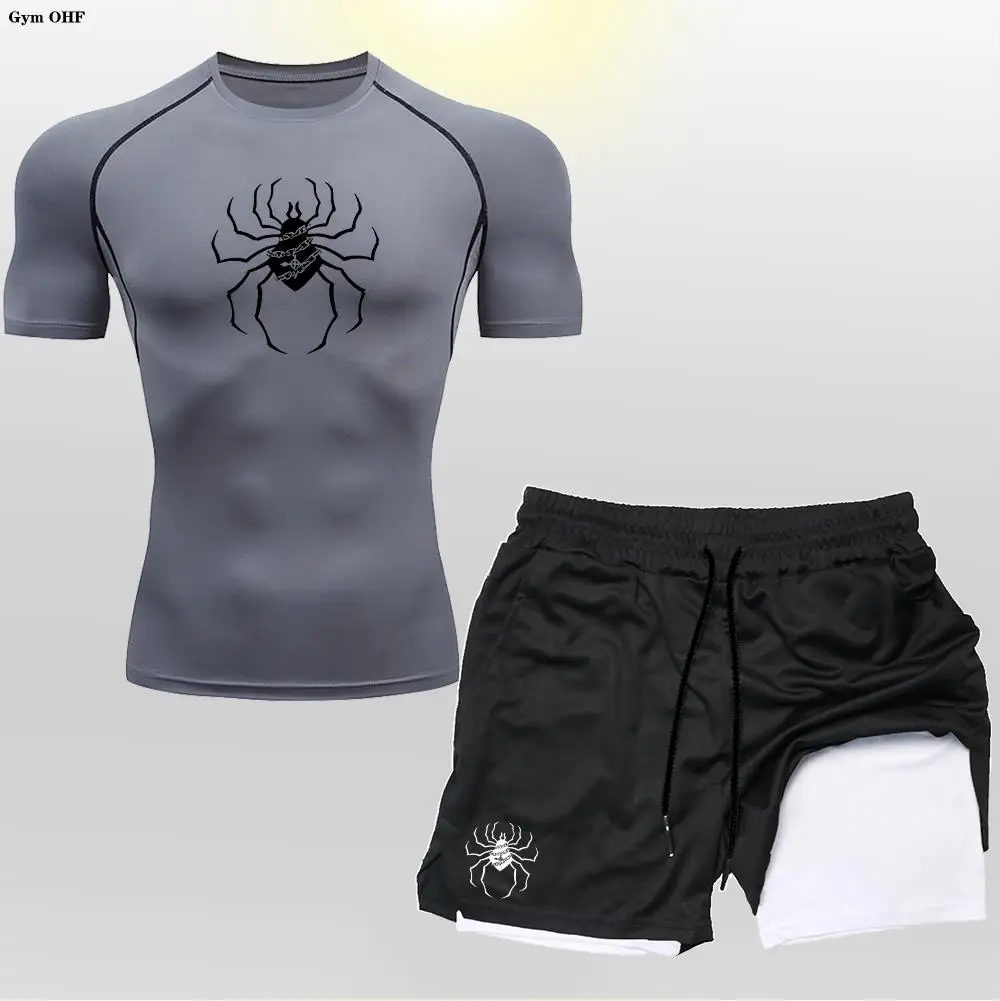 Anime Hunter X Compression Shirt Men Spider T 2 in 1 Shorts Sets Gym Running Sportswear Tennis Musculation Set Mens