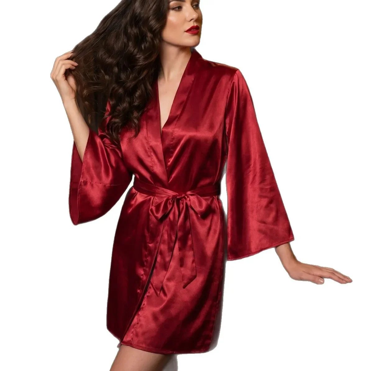 

Burgund Ice Silk Bride Wedding Robe Dress Female Bathrobe Kimono Gown Spring Sutumn New Sleepwear Home Dress Loose Loungewear