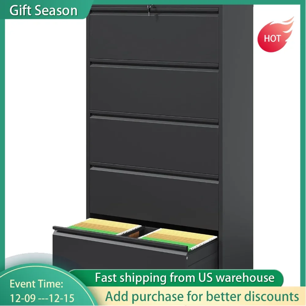 5 Drawer Horizontal Filing Cabinet, Steel Storage Cabinet with Lock, Wide Horizontal Filing Cabinet, Metal Filing Cabinet