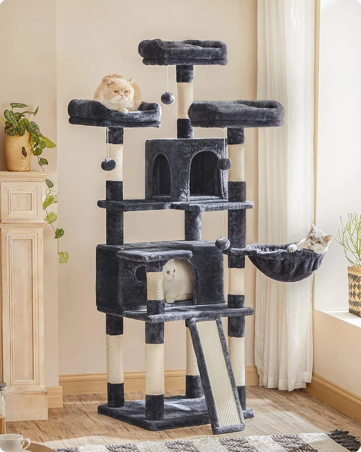 

Cat Tree, Large Cat Tower, Cat Condo with Scratching Posts, Board, 2 Caves, 3 Plush Perches, Activity Center, 66.5 Inches