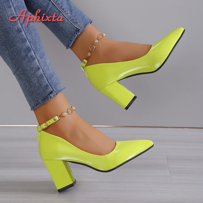 Aphixta Hot Sale Pumps Women Shoes Luxury Pearl Crystals Chain Buckle Strap 7cm Chunky Heel Parent-child Students Big Size 30-46