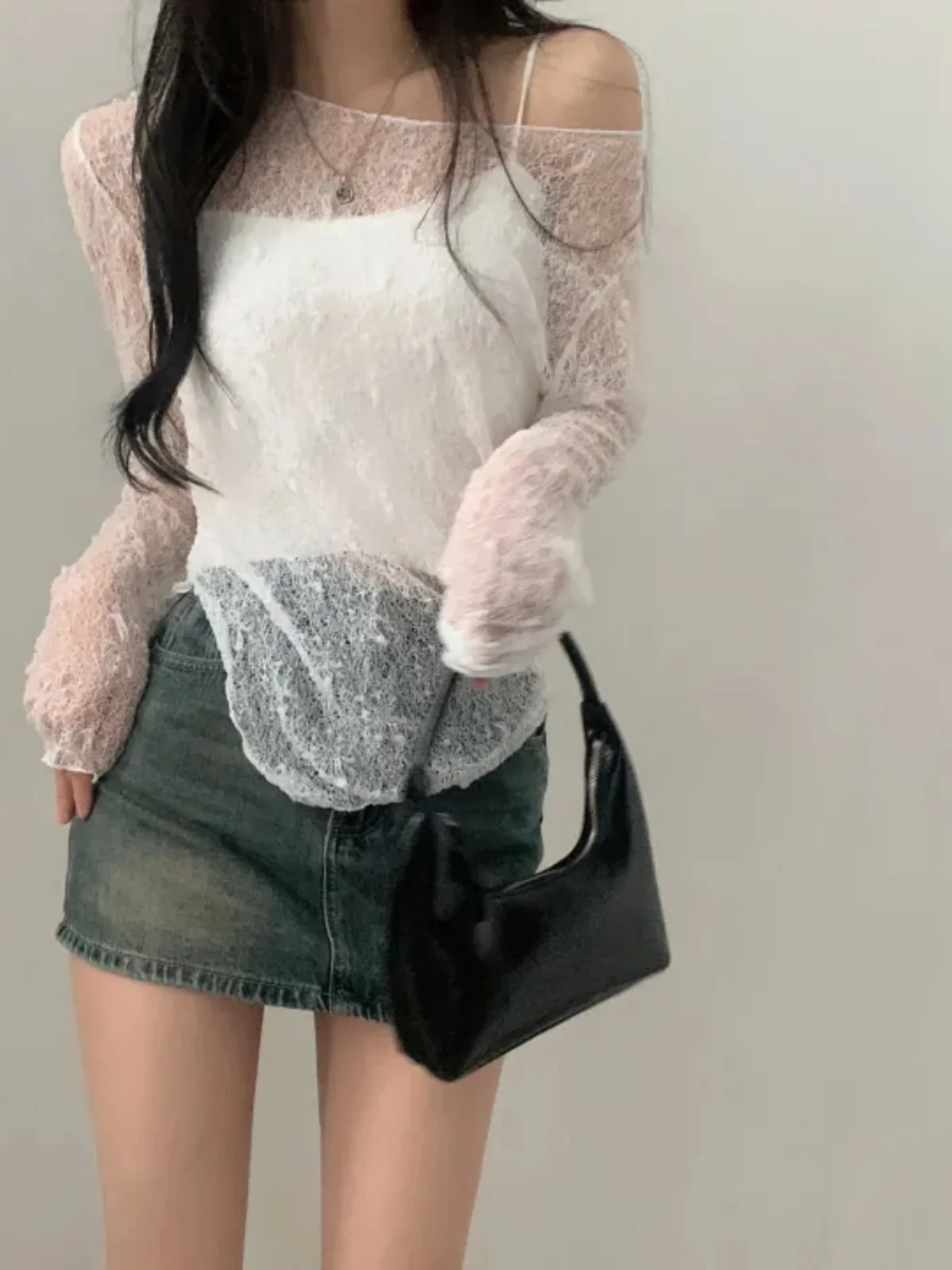 

2024 Summer New Korean Sle Hollow out Long Sve Knitted Slim Fit Top + Knitted Strap Two Piece Set Trendy Women's Wear