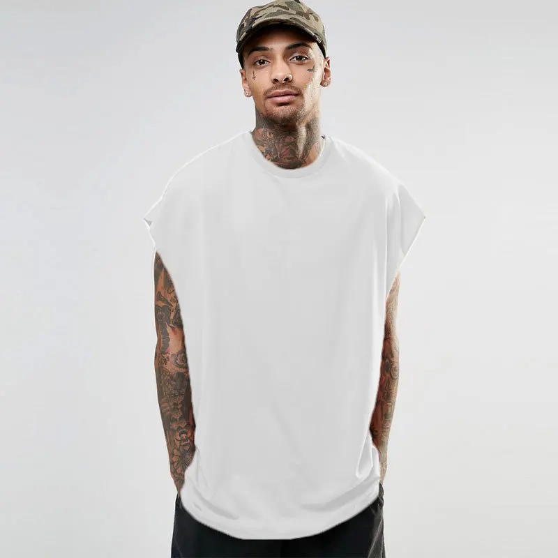 High Street Solid T-shirt Men New Casual Loose Shoulder Basketball Tank Top Hip Hop Sleeveless O-neck Sport Tops