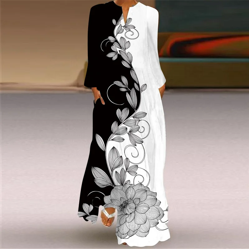 Vintage Maxi Dress For Women Fashion V-neck Long Sleeve Party Dress With Pocket Ankle-Length Beach Sundress Plus Size Vestidos