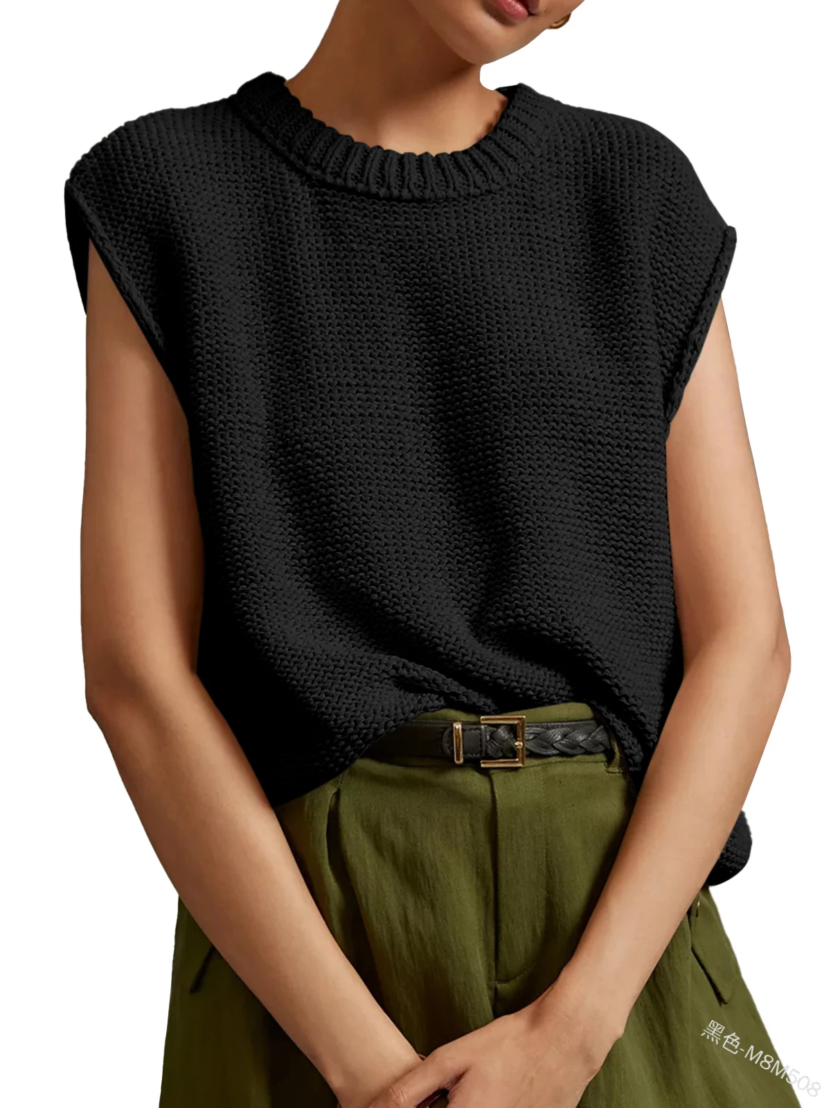 Solid Color Crew Neck Knitting Sweater Women Sleeveless Casual Loose Tops Streetwear Pullovers Fashion Daily Autumn Y2k Clothes