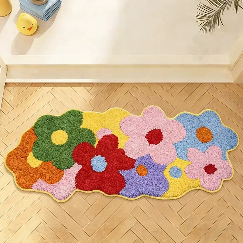 Dopamine Floral Carpet for Living Room Bedroom Flocking Bedside Area Rugs Home Girl Children's Room Floor Mat Study Tatami Mat