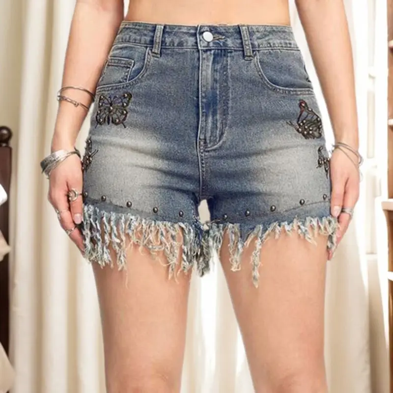 Denim Shorts Butterfly Diamonds Tassel Loose Wide Leg Luxury High Waist Women'S Distressed Denim Shorts 2024 Summer Fashion