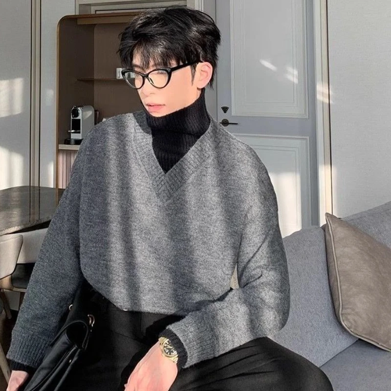 

Men's Fake Two Piece Color Blocked High Neck Pullover Knit Sweater Warm Inner Layer Autumn Winter Casual Niche Young Men Top