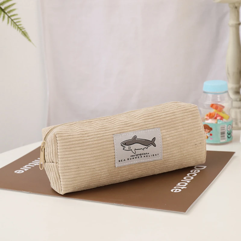 1 Pcs Pencil Case Cute Shark Corduroy Pencil Box Pencilcase Pencil Bag School Supplies Stationery