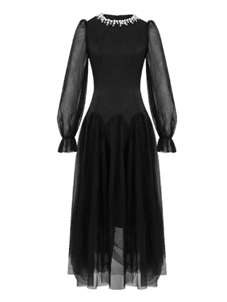 Promi Host Party Kleider frauen Kleidung Süße Schwarz Sheer Mesh Splice Perle Korsett Ballkleid Prom Robe Bankett Vestido Dame