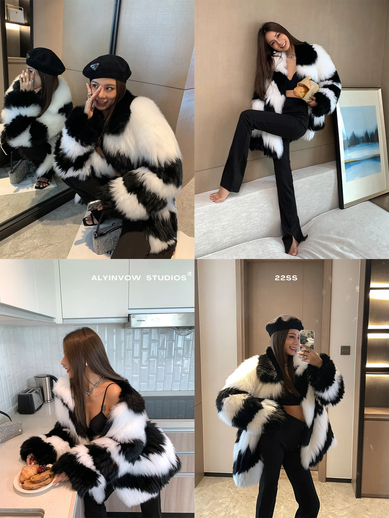 Black and White Neon Fox Fur Mid-Length Young 2022 New Popular Fur Coat This Year